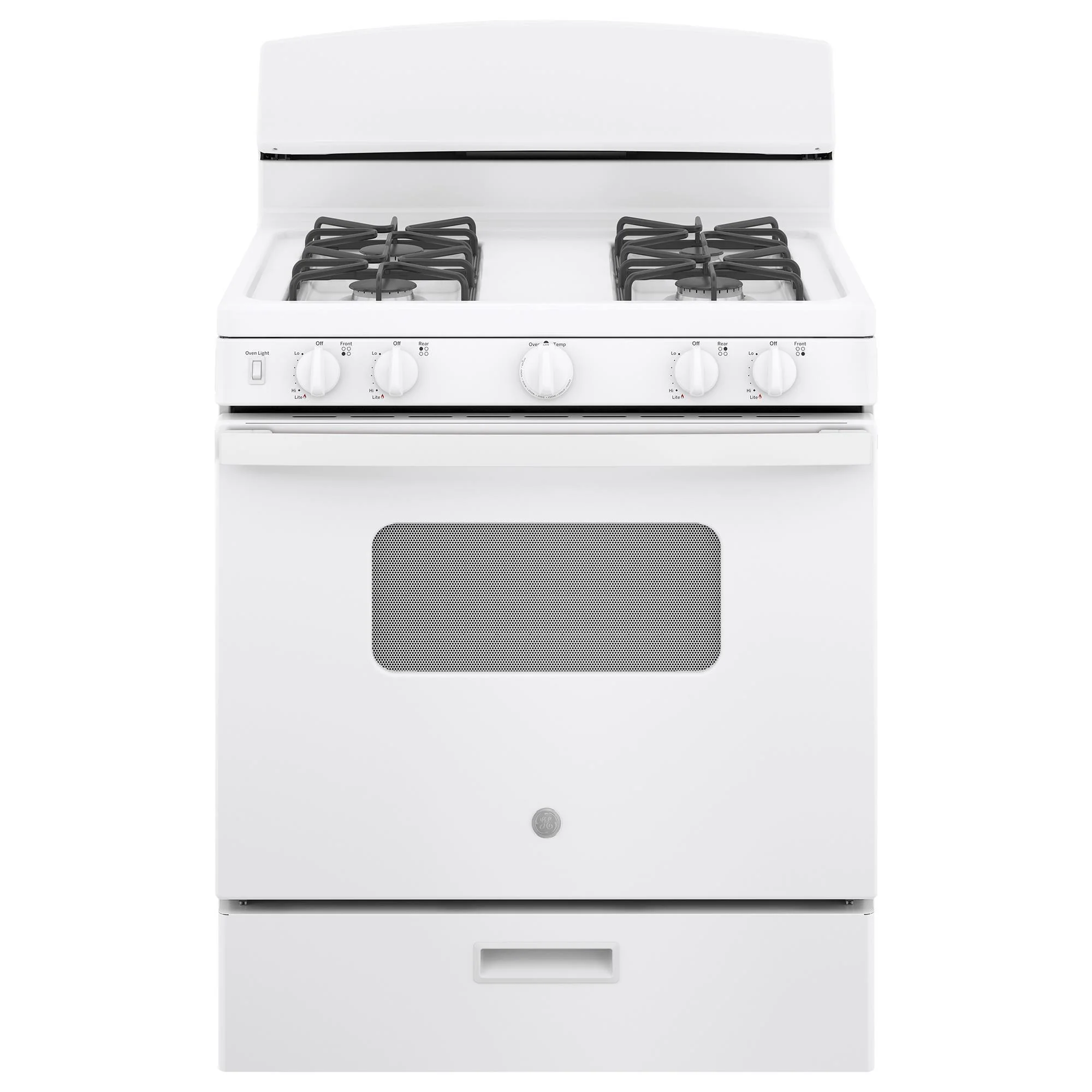 A white GE gas range with all of its controls across the front: four sealed burners with heavy cast-iron grates on top, then a front panel holding five chunky white knobs in a row — four burner knobs with the oven temperature knob in the center — plus a small oven-light switch, and no touchscreen or glass panel anywhere on it.
