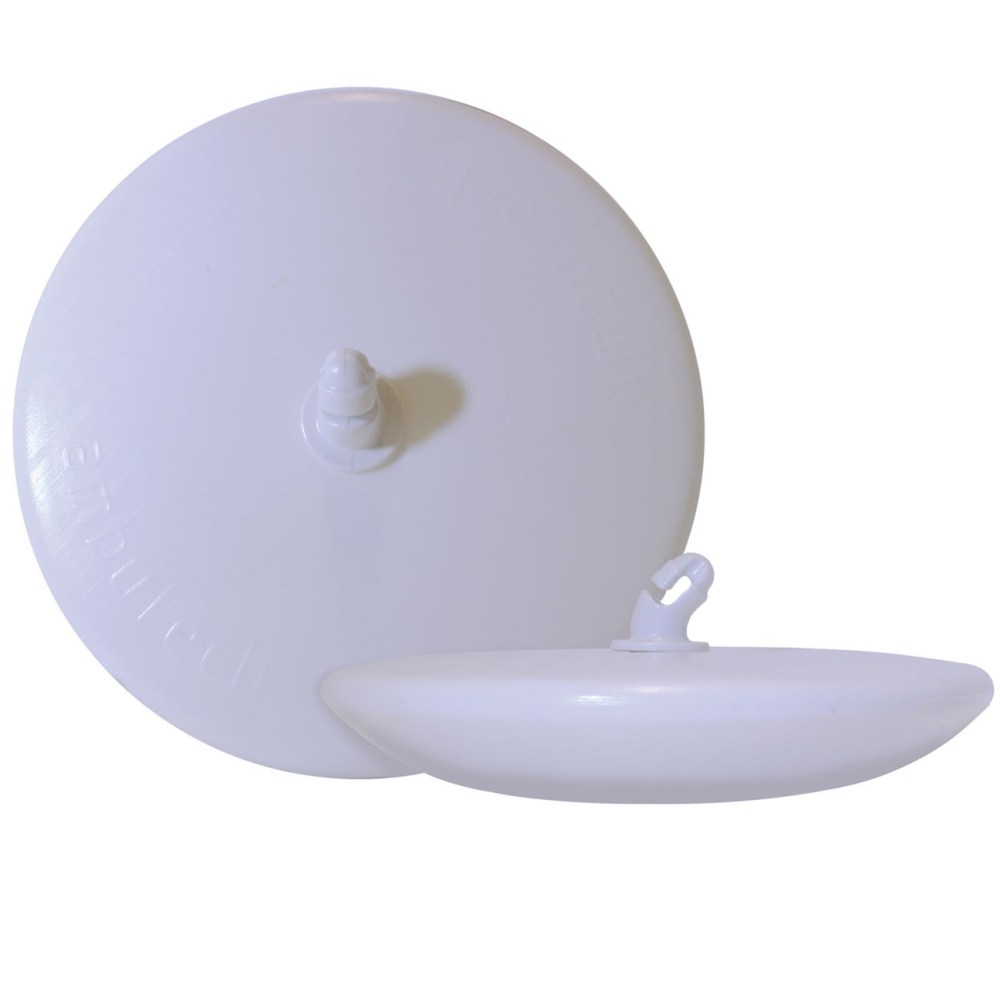 The Ambutech Dakota disc cane tip in white, shown two ways: face-on as a wide, flat plastic disc about six inches across with a small hook connector post rising from its center, and side-on as a thin, shallow saucer — the shape that lets it skim across sand, snow, and gravel instead of digging in.
